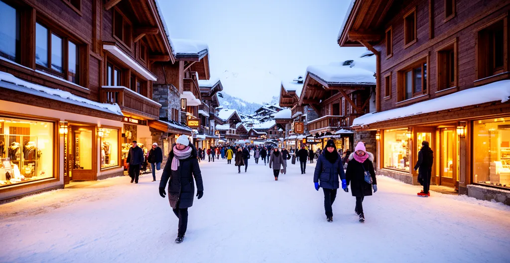 Well-lit Courchevel village street at dusk with warm shop lighting